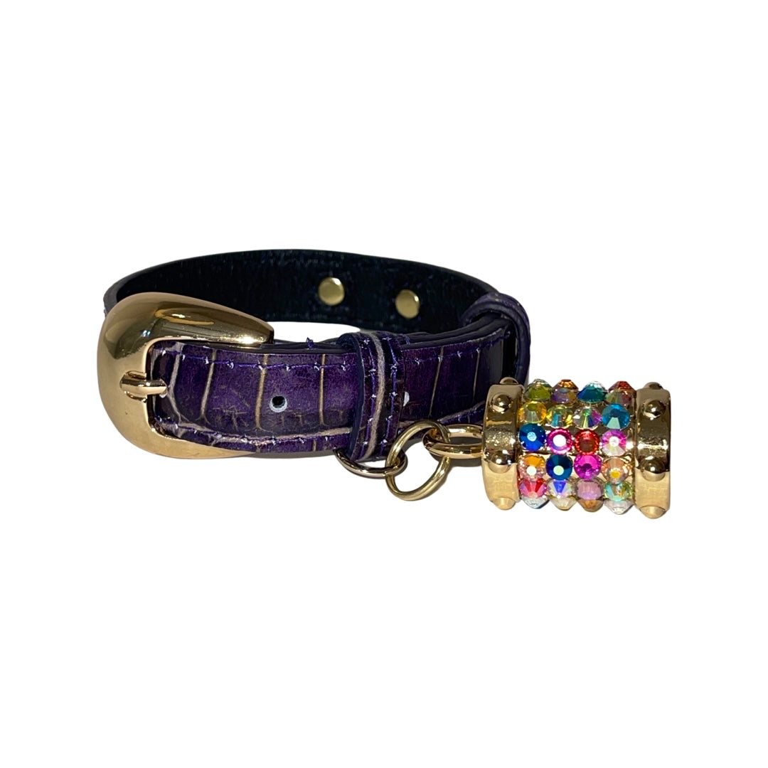 Allysa Payne XS 7"-14" Purple/Gold Embossed Croc Italian Leather Dog Collar/Custom Gold Oval Italian Hardware & Swarovski Crystal Charm