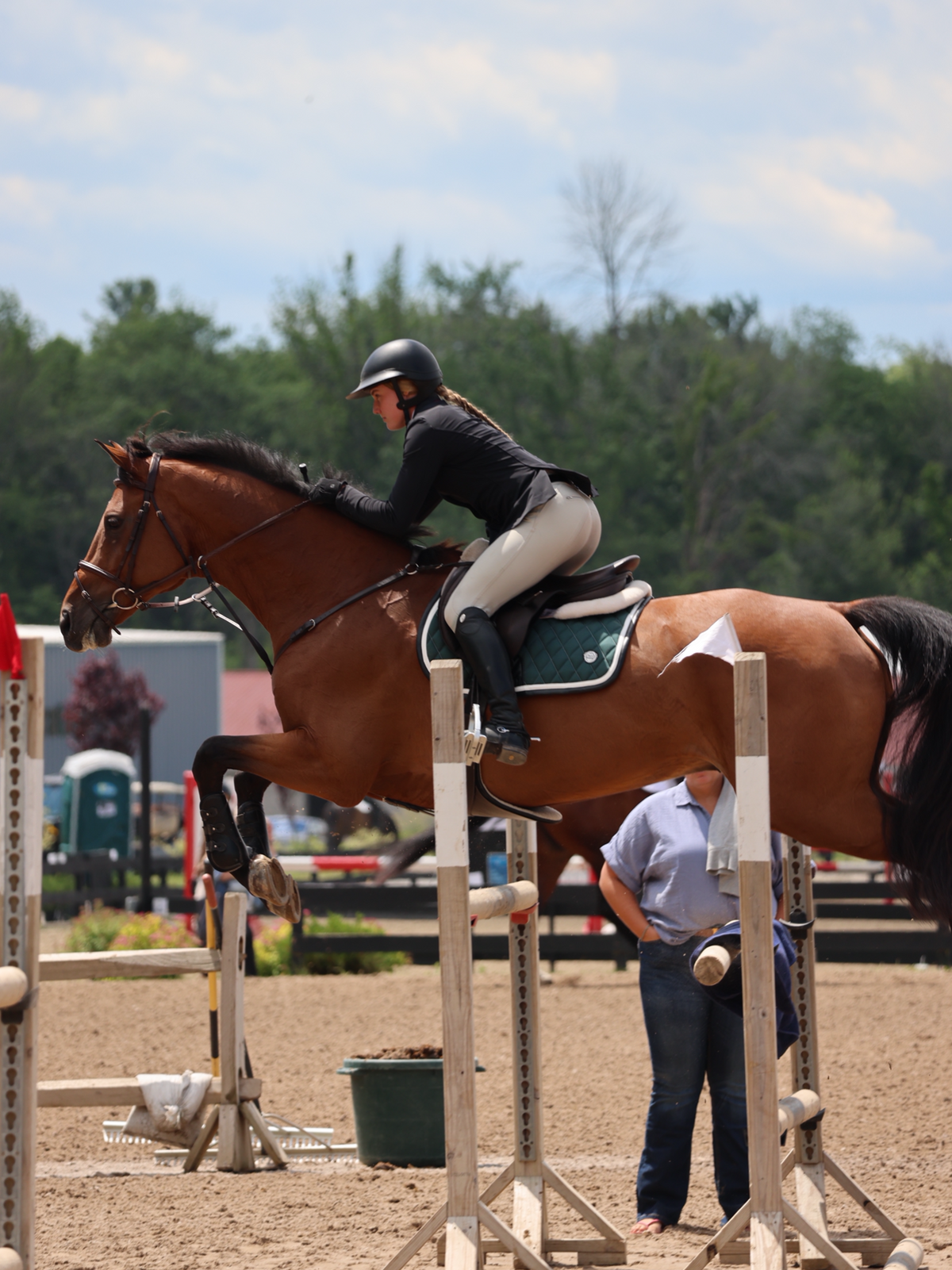 San Eligius green quilted jump saddle pad with white and black leather piping, back view
