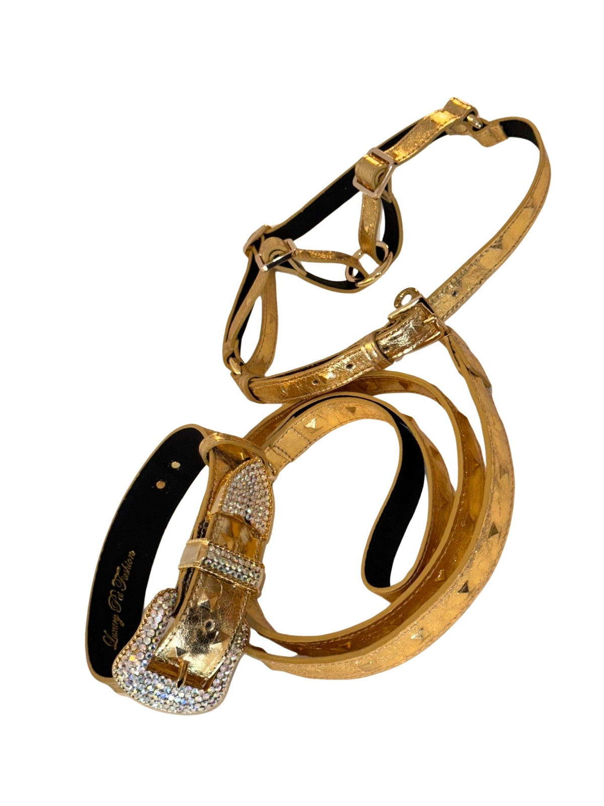 Allysa Payne Glam Gold Embossed Studded Italian Leather With Our Custom Swarovski Crystal Buckle Dog Collar, Leash & Harness Set