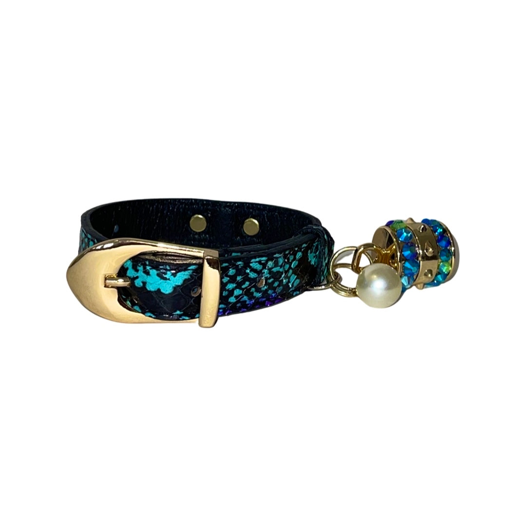 Allysa Payne XS 7"-14" Multi-Tone Turquoise, Blqck & Purple Custom Snake Dog Collar/Custom Gold Italian Hardware. Swarovski Crystal Charm & Pearl
