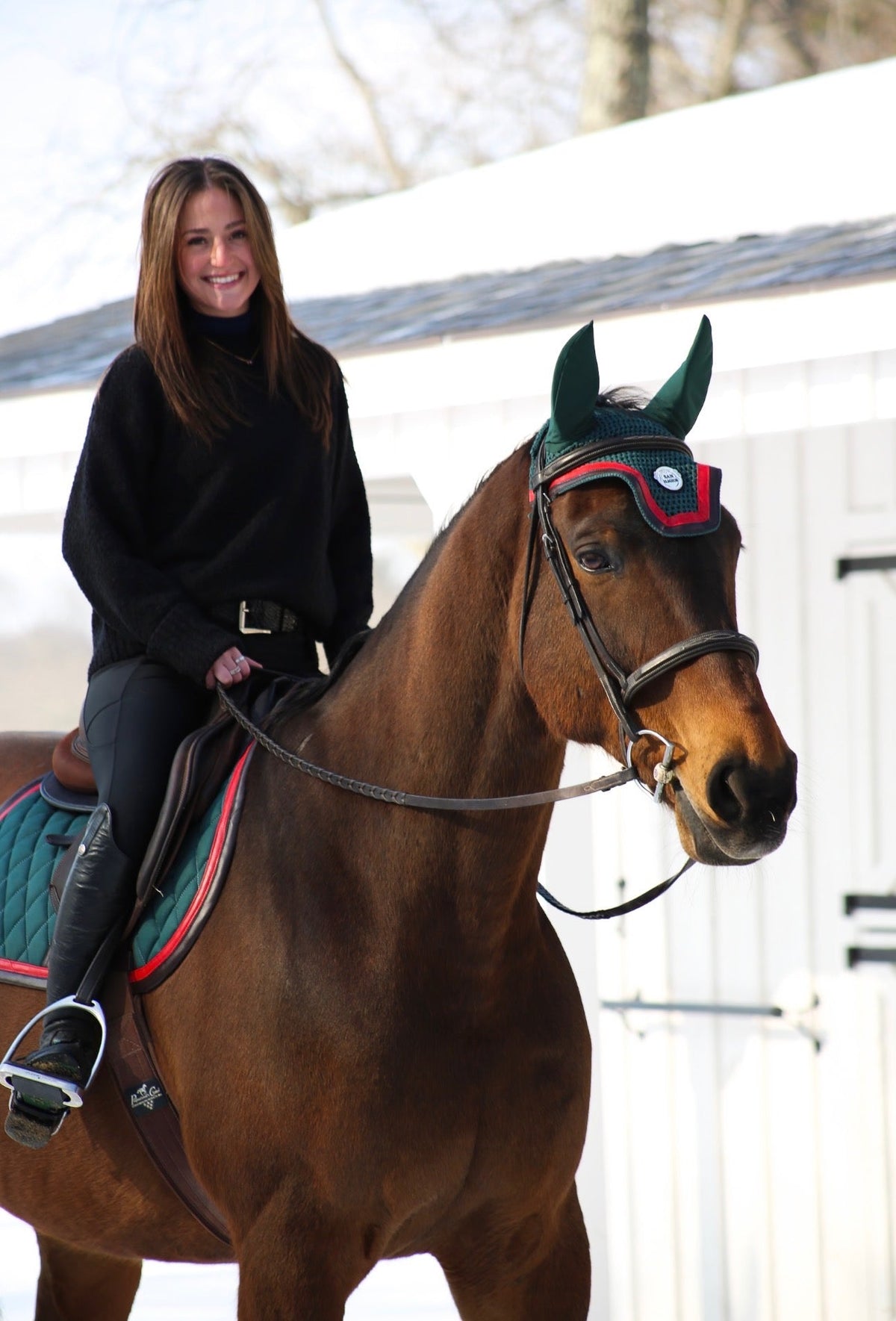San Eligius green knit horse bonnet with brown and red leather piping, San Eligius logo detail