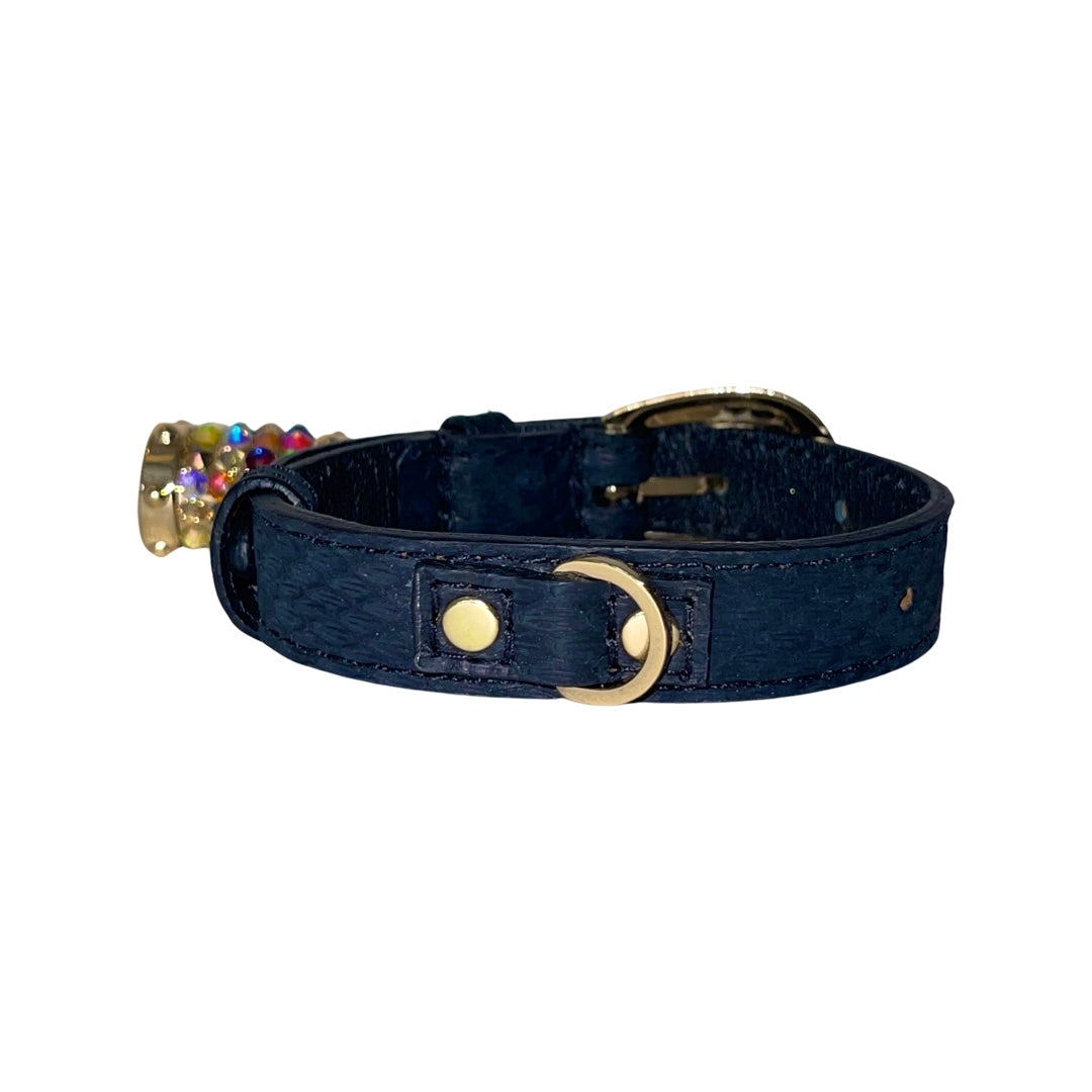 Allysa Payne XS/S 7"-14" Matte Midnight Blue Custom Snake Dog Collar/Custom Gold Oval Italian Hardware & Swarovski Crystal Charm