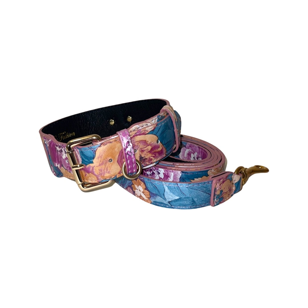 Allysa Payne Floral Print Italian Leather Classic Dog Collar & Leash Set