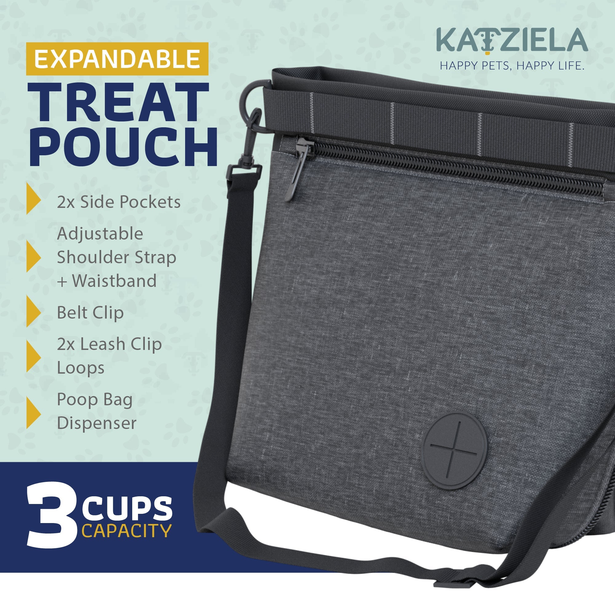 Katziela Expandable Pet Treat Pouch - Hands Free Dog Treat Pouch, Quick Access Magnet Closure - Anti Spill Dog Treat Bag - Treat Pouches for Pet Training, Adjustable Shoulder Strap & Belt Clip