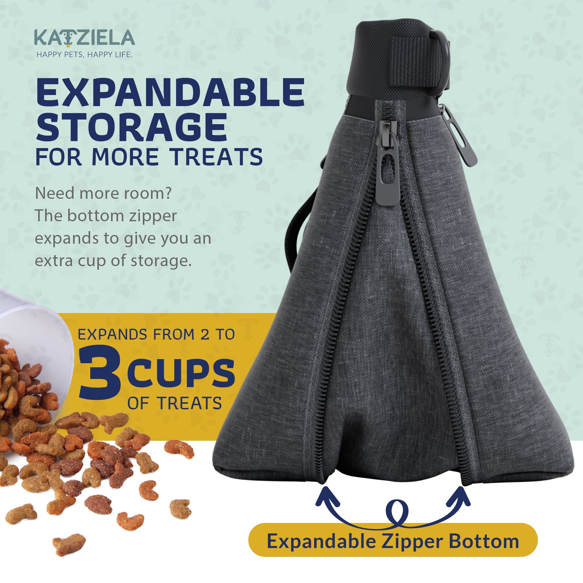 Katziela Expandable Pet Treat Pouch - Hands Free Dog Treat Pouch, Quick Access Magnet Closure - Anti Spill Dog Treat Bag - Treat Pouches for Pet Training, Adjustable Shoulder Strap & Belt Clip