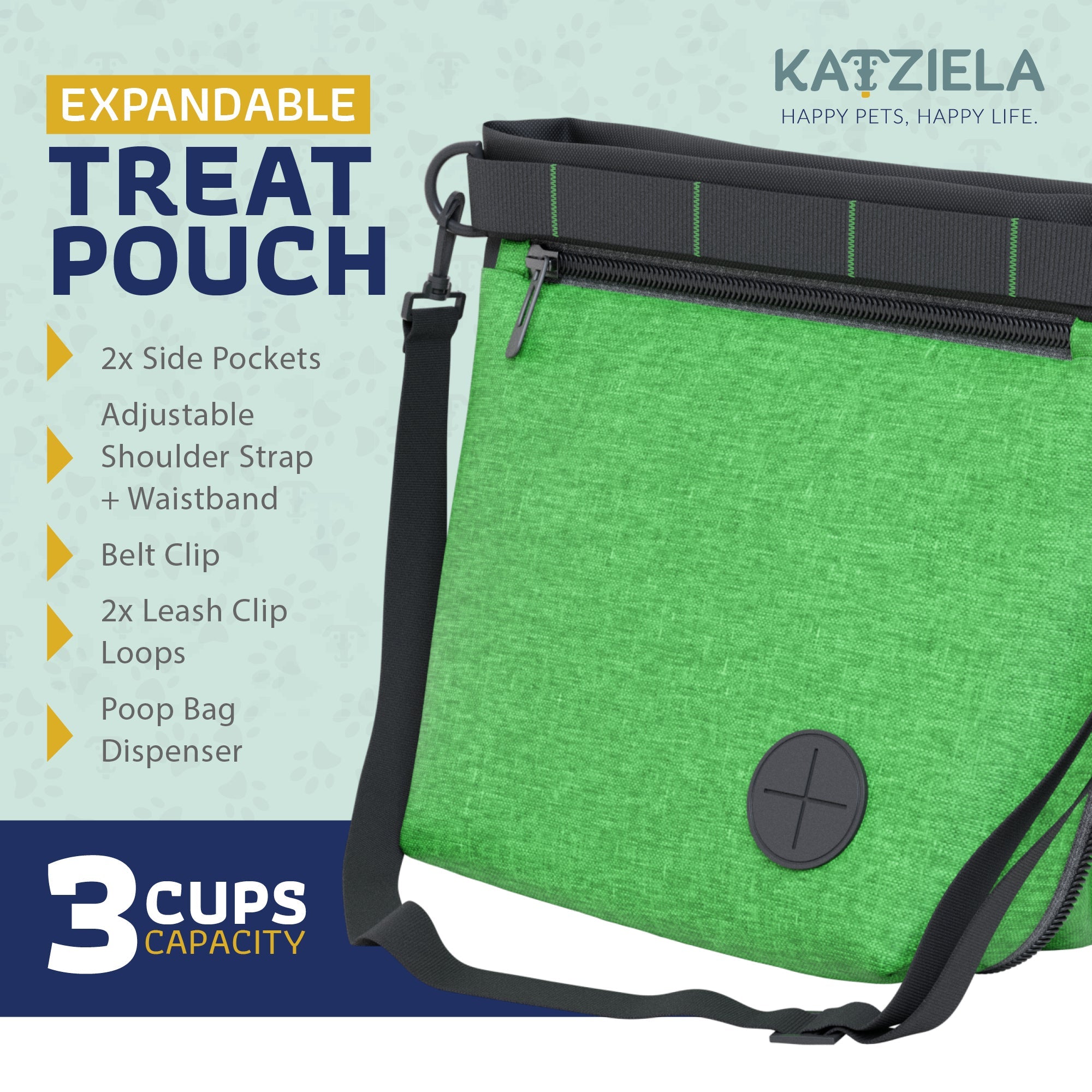 Katziela Expandable Pet Treat Pouch - Hands Free Dog Treat Pouch, Quick Access Magnet Closure - Anti Spill Dog Treat Bag - Treat Pouches for Pet Training, Adjustable Shoulder Strap & Belt Clip