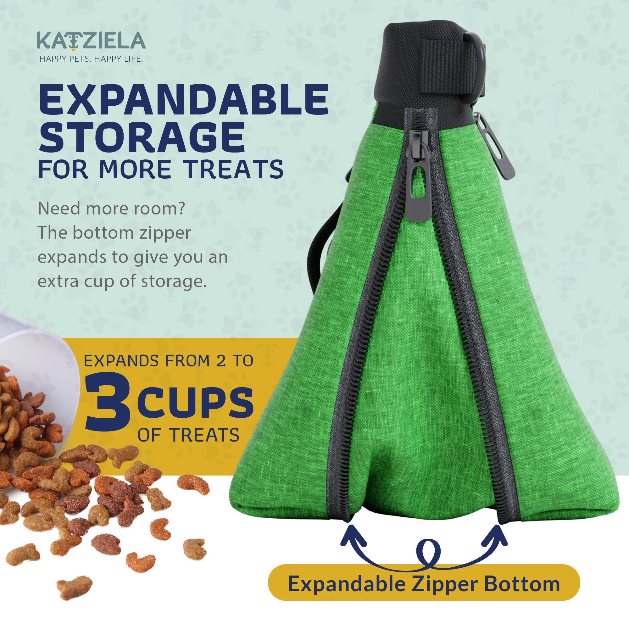 Katziela Expandable Pet Treat Pouch - Hands Free Dog Treat Pouch, Quick Access Magnet Closure - Anti Spill Dog Treat Bag - Treat Pouches for Pet Training, Adjustable Shoulder Strap & Belt Clip