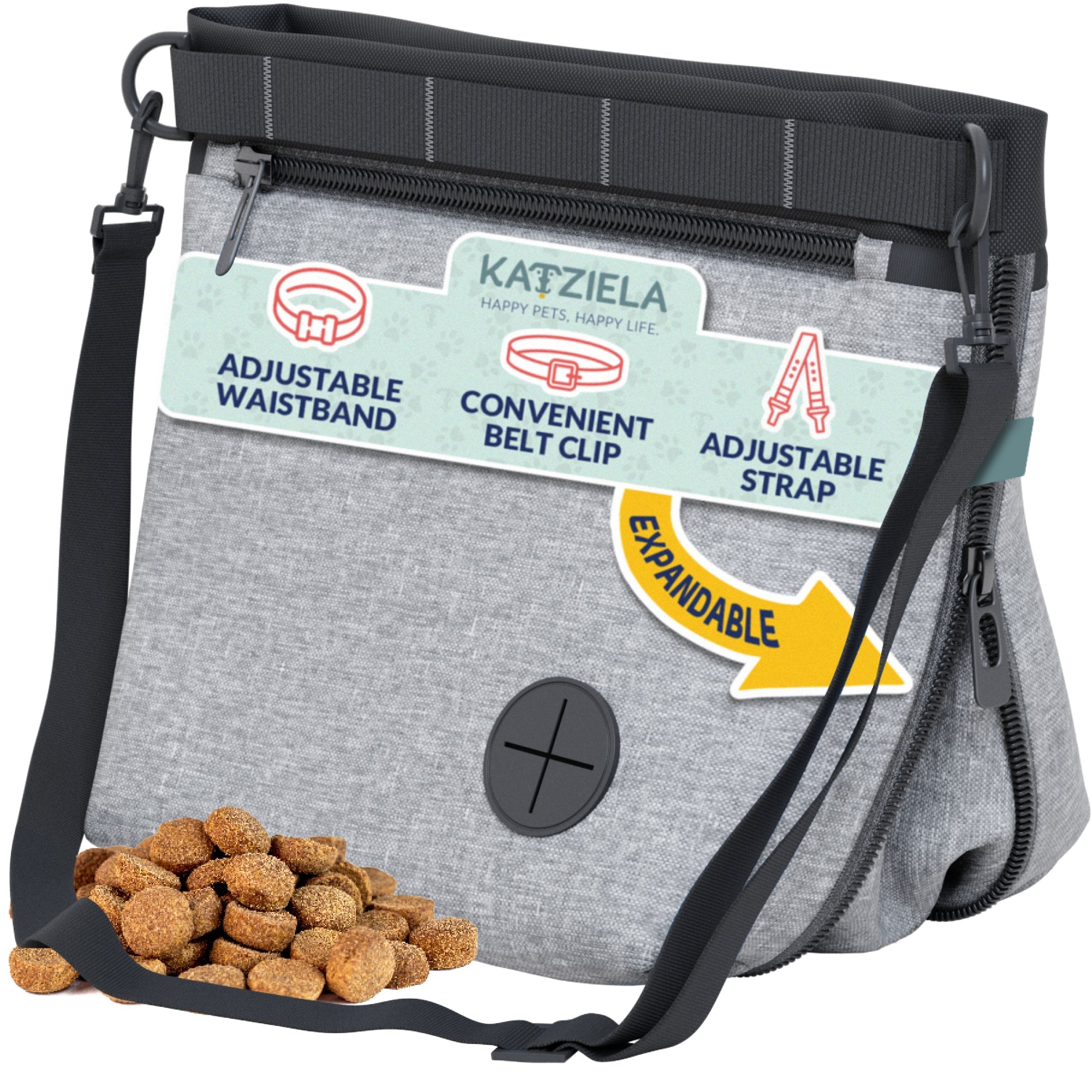 Katziela Expandable Pet Treat Pouch - Hands Free Dog Treat Pouch, Quick Access Magnet Closure - Anti Spill Dog Treat Bag - Treat Pouches for Pet Training, Adjustable Shoulder Strap & Belt Clip