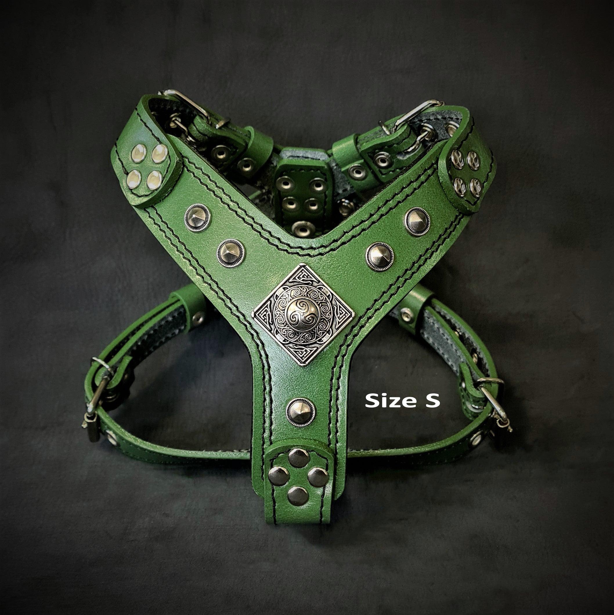 Bestia Dog Gear Genuine Leather Dog Harness - Green/S 