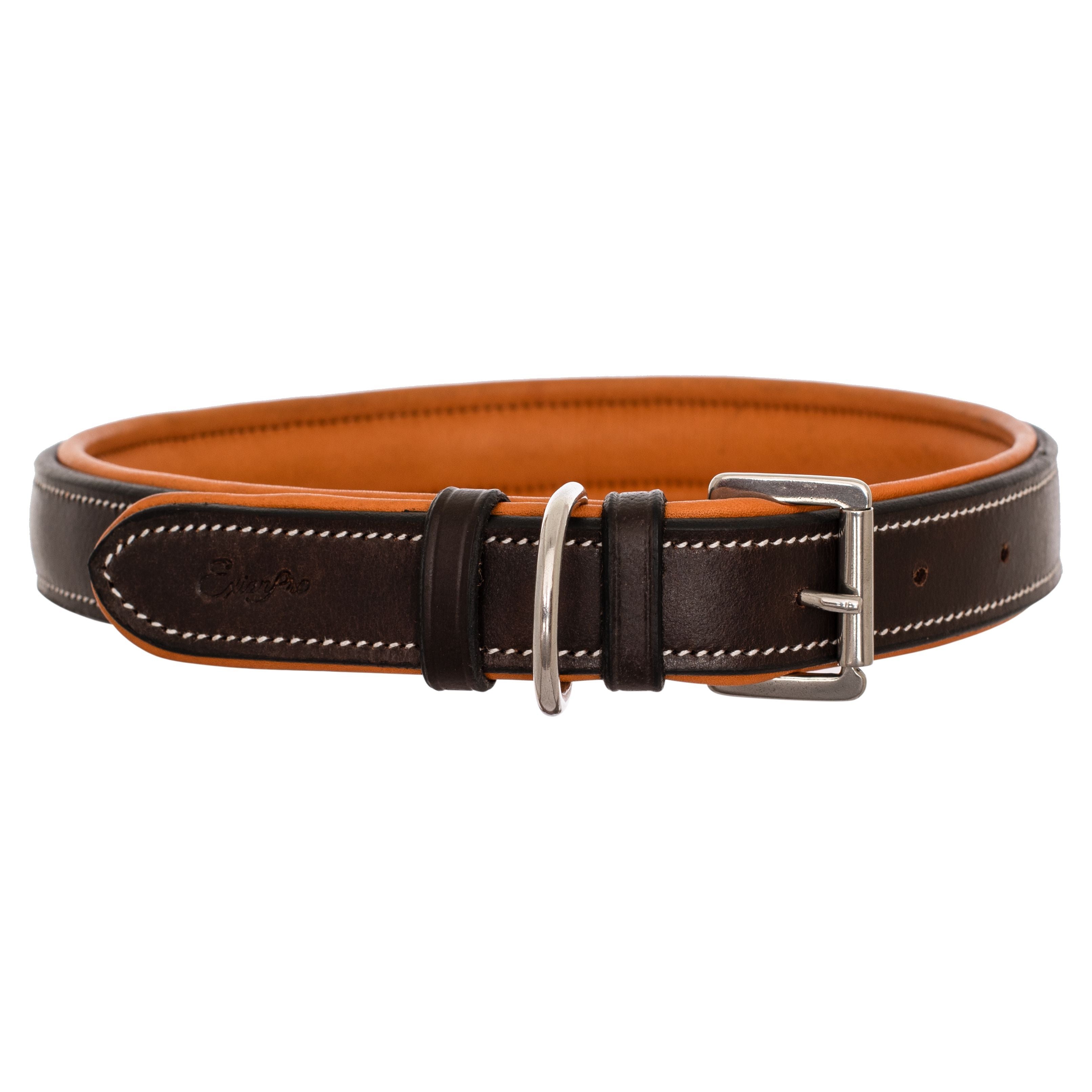 ExionPro Silver Snaffle Padded Leather Dog Collar - Conker Padding