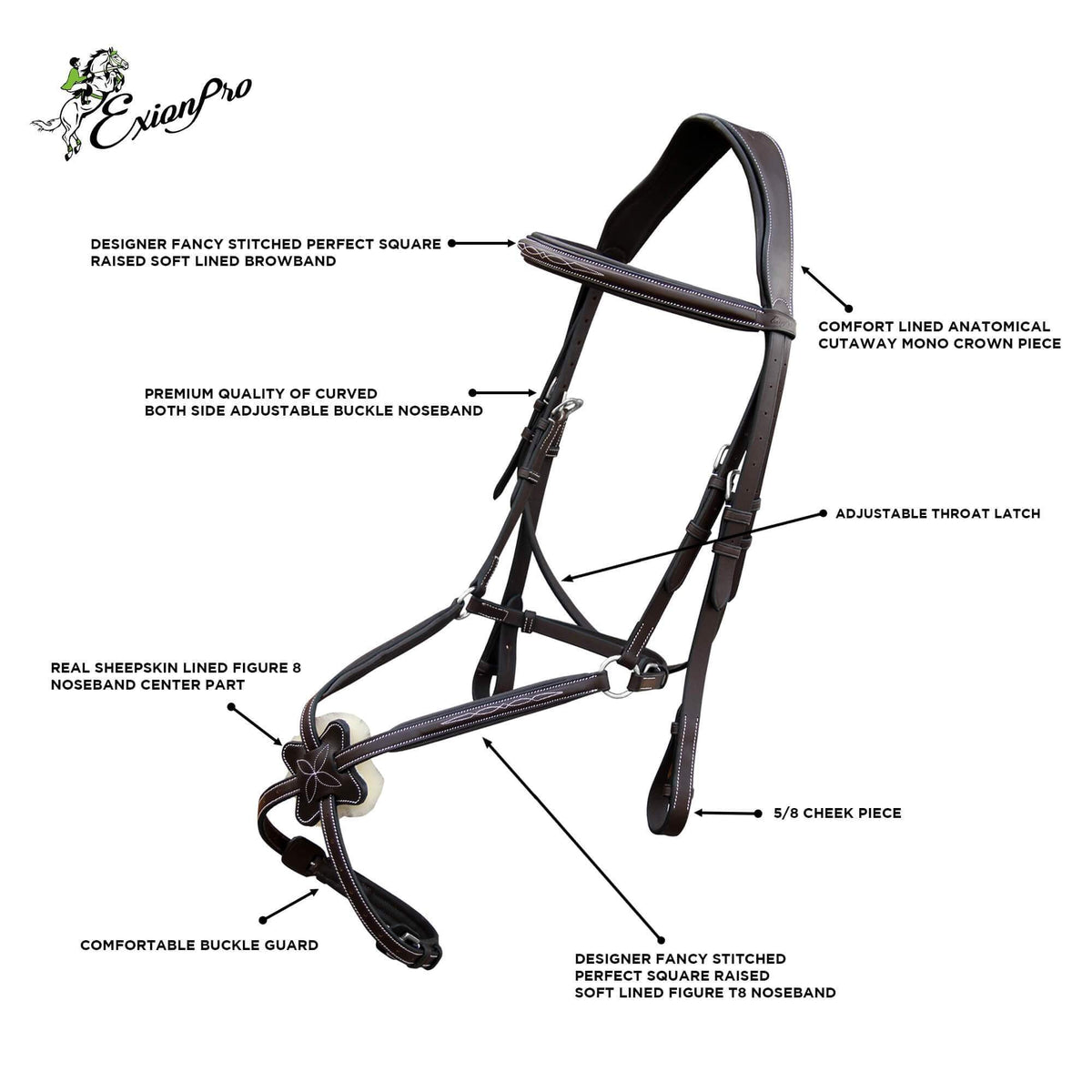 ExionPro Padded Ear Free Monocrown Crown Piece Figure 8 Bridle & Reins