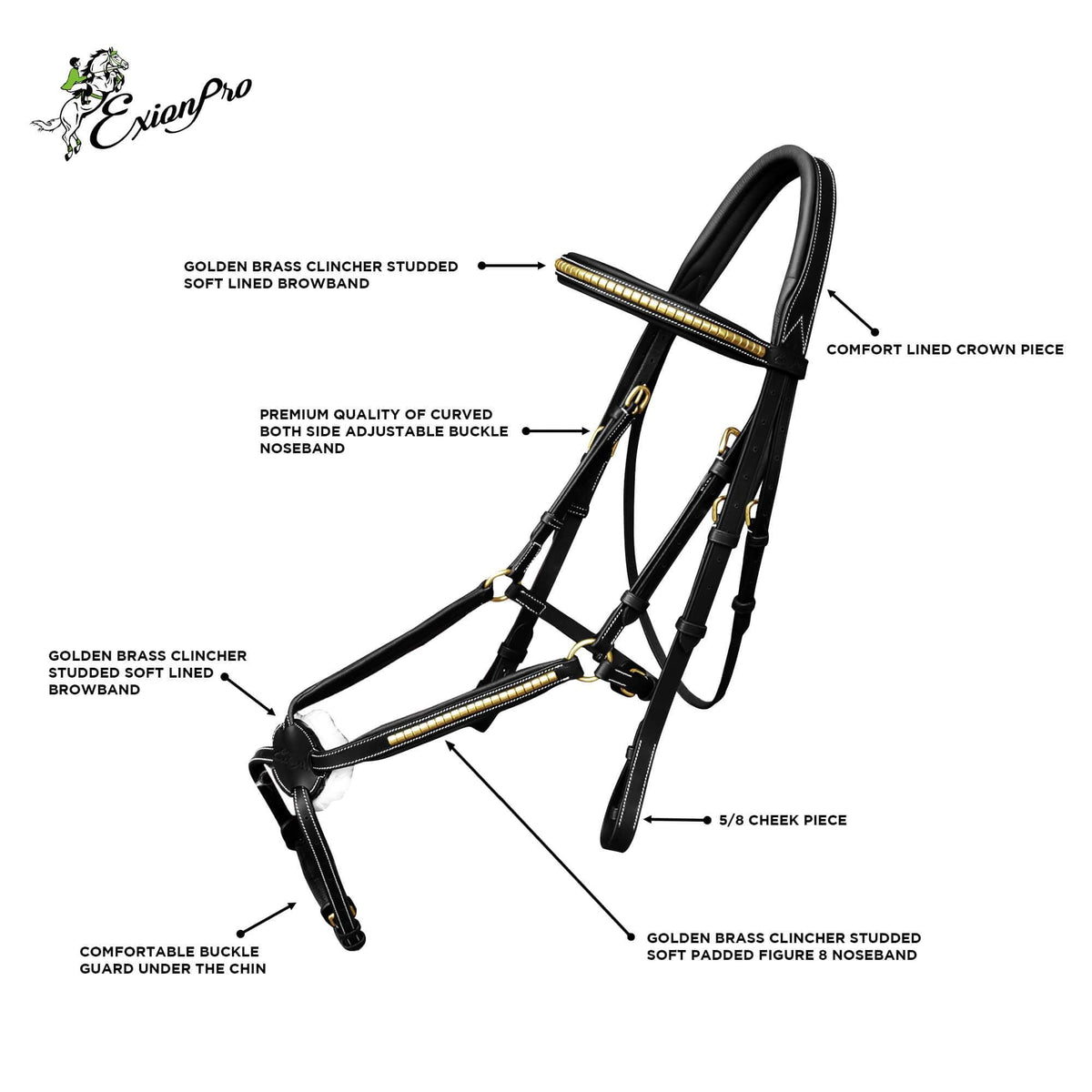 ExionPro Brass Clincher Figure 8 Bridle with Rubber Reins - HT Animal Supply