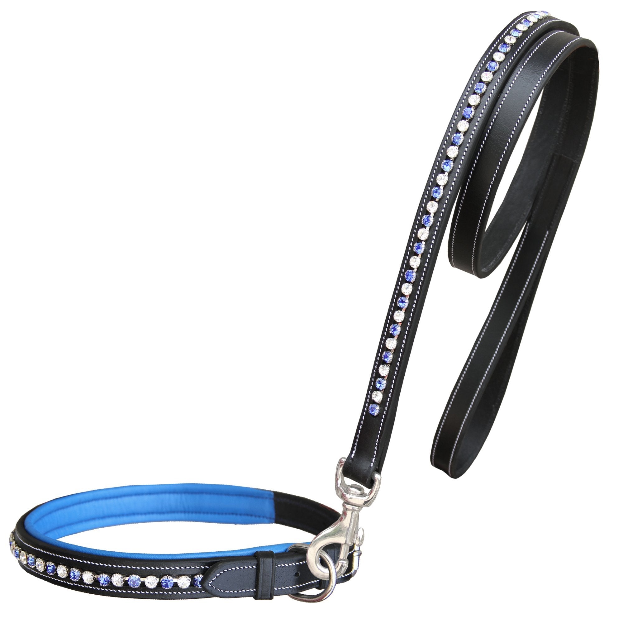 ExionPro White & Blue Bling Dog Collar With Leash