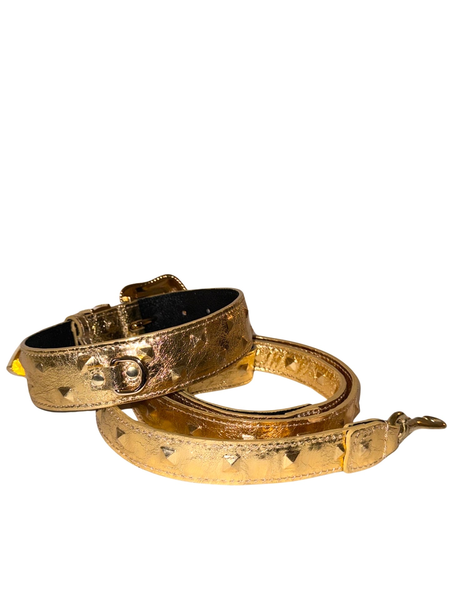 Glam Gold Embossed Studded Italian Leather Collar & Leash Set With Our Custom Swarovski Crystal Buckle