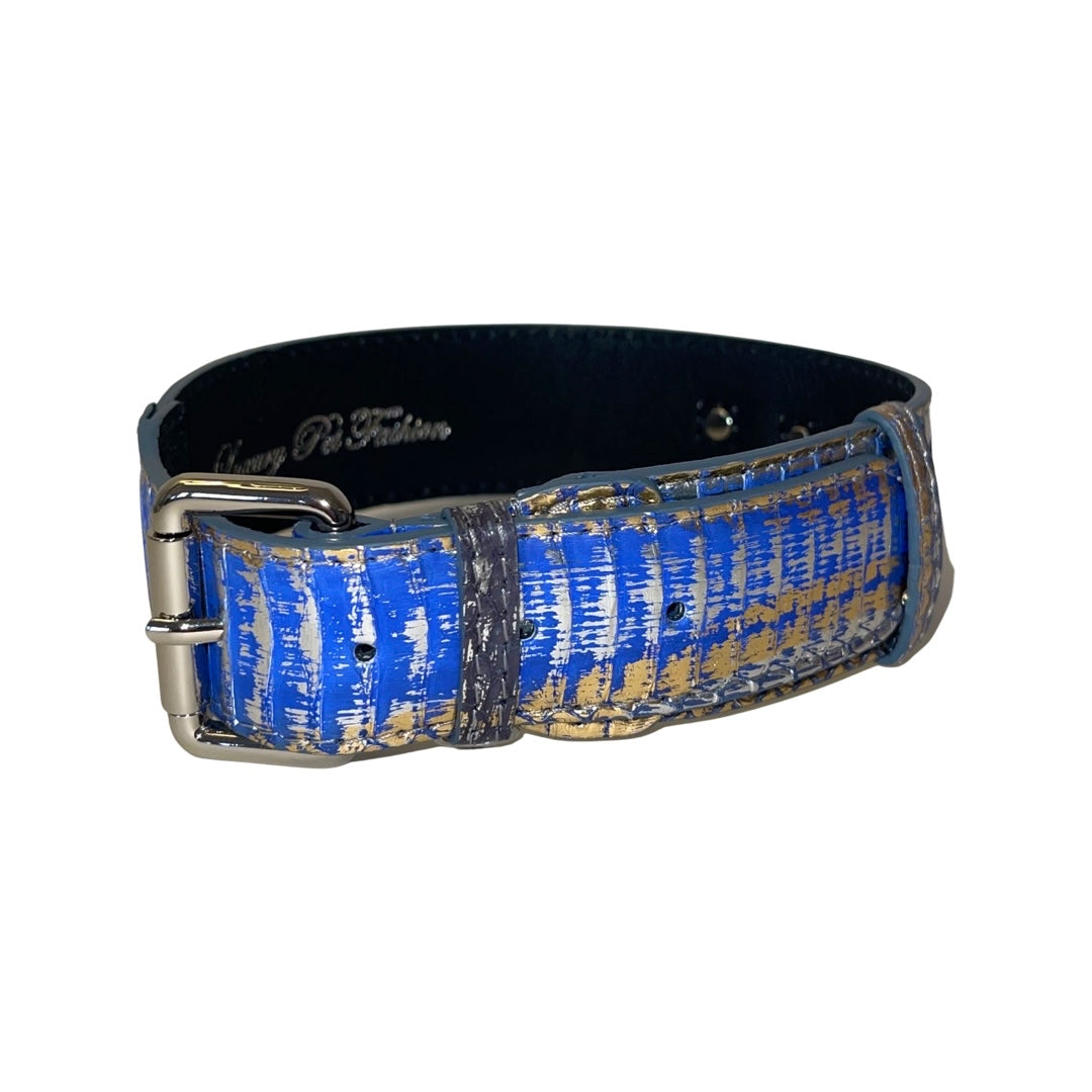 Allysa Payne Multi-Color Blue/Silver/Gold Snake, Classic Dog Collar With Silver Hardware