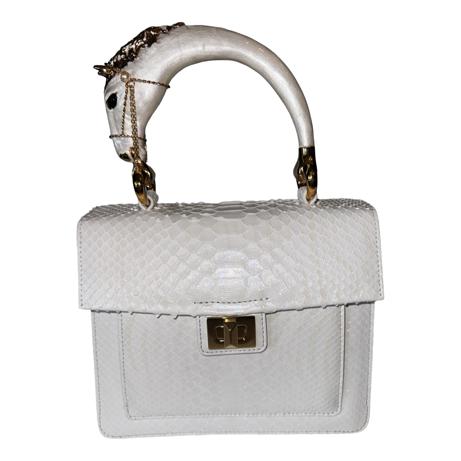 Allysa Payne Cosmo Horse Handle Handbag In Iridescent White Python