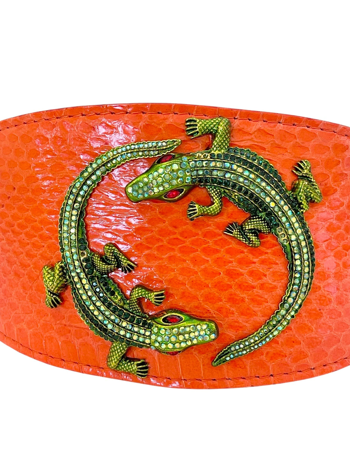 Allysa Payne Orange Snake Dog Collar With Green Rhinestone Alligators