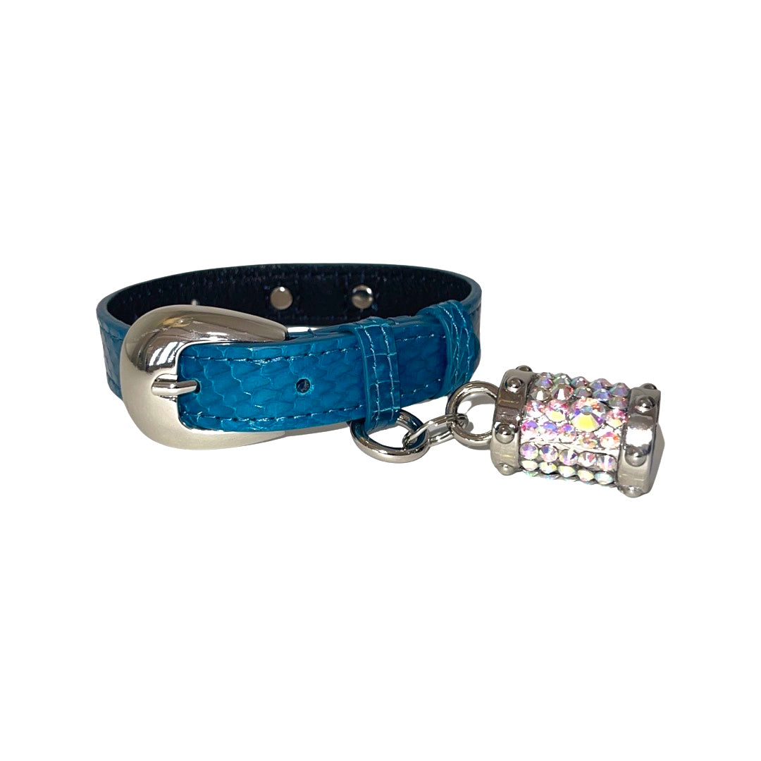 Allysa Payne Dark Turquoise XS Snake 7"-14" Dog Collar/Custom Silver Italian Hardware & Swarovski Crystal Charm