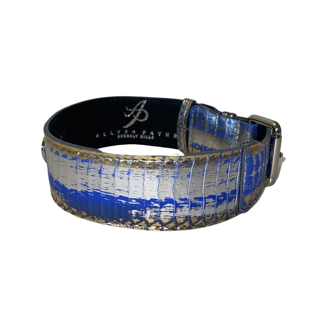 Allysa Payne Multi-Color Blue/Silver/Gold Snake, Classic Dog Collar With Silver Hardware