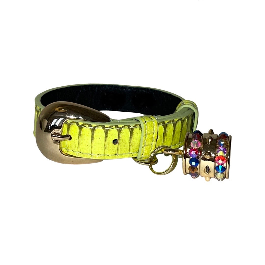 Allysa Payne XS/S 7"-14" Light Neon Green Custom Snake Dog Collar/Custom Gold Oval Italian Hardware & Swarovski Crystal Charm