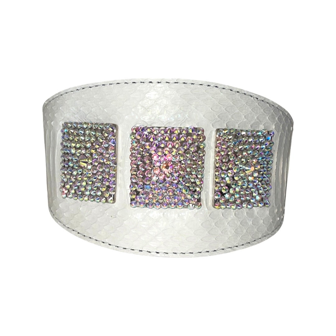 Allysa Payne Matte White Snake 4-Inch Wide Dog Collar With Our 3 Custom Swarovski Crystal Rivets