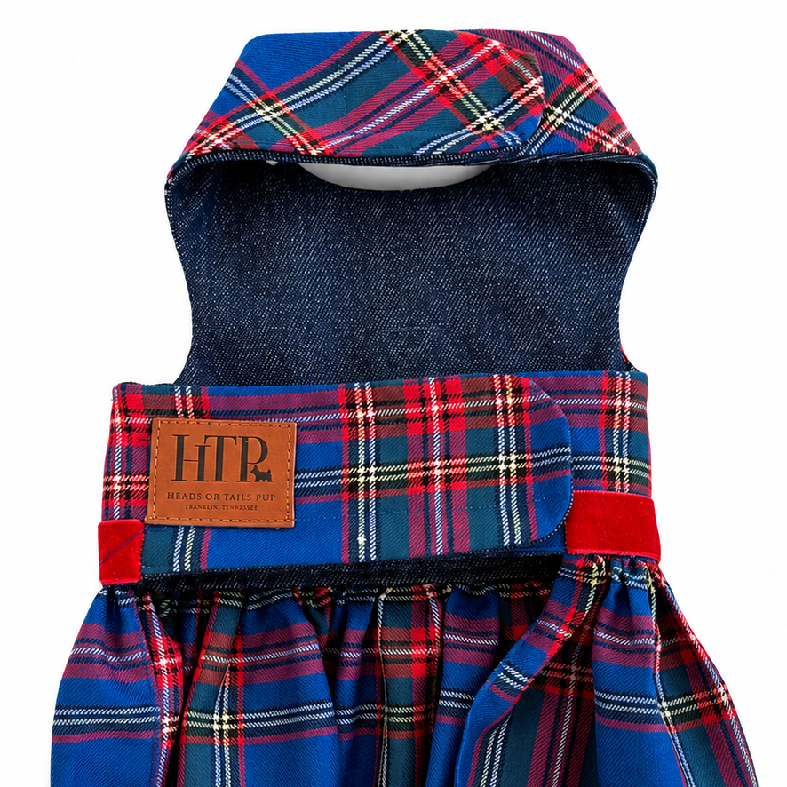 Heads or Tails Pup Red & Blue Plaid Dog Dress