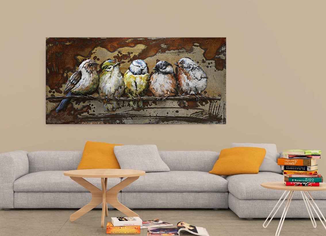 3 Dimensional Canary Birds Wall Mount Oil Painting on Metal Canvas Sculpture