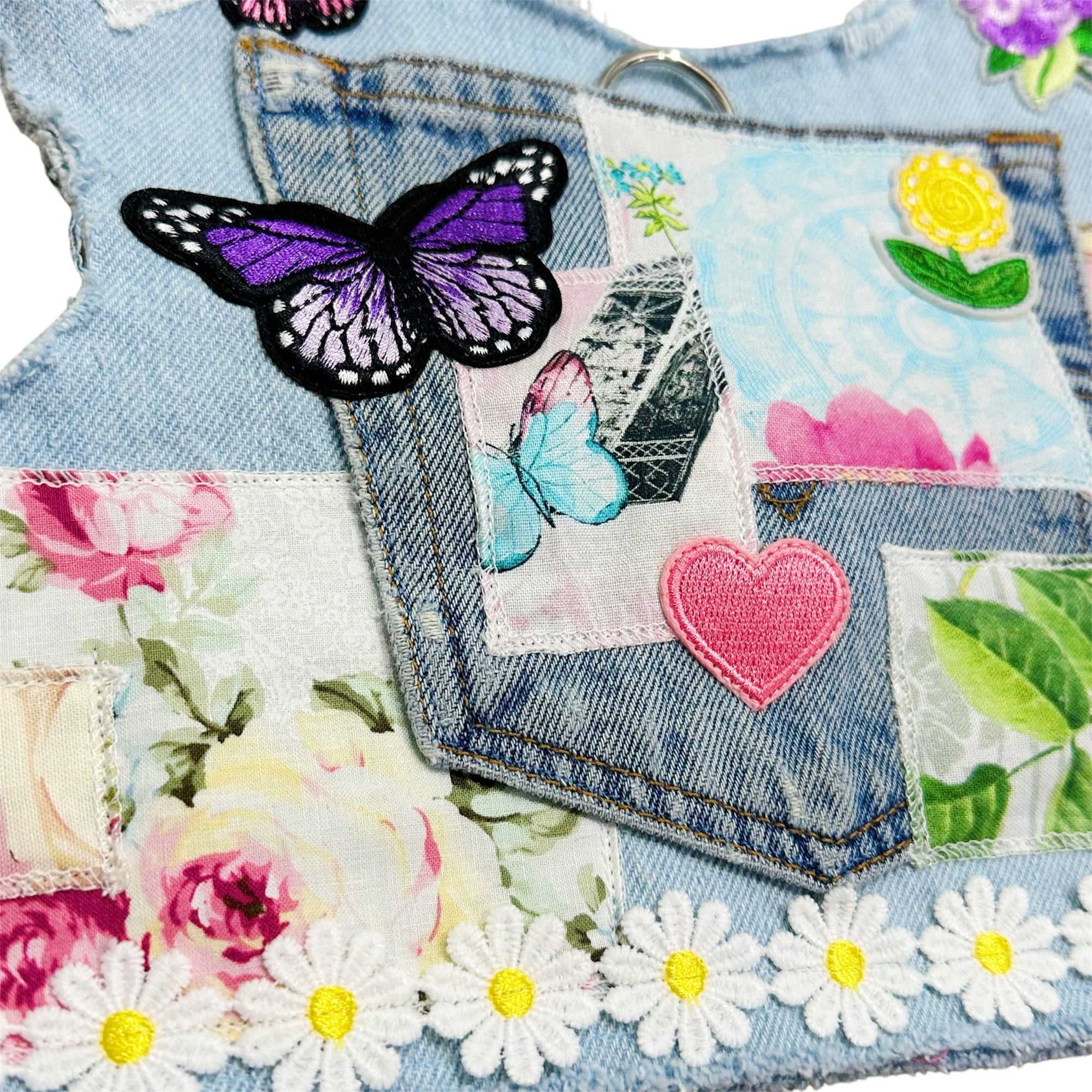 Heads or Tails Pup Floral Patchwork Denim Dog Harness