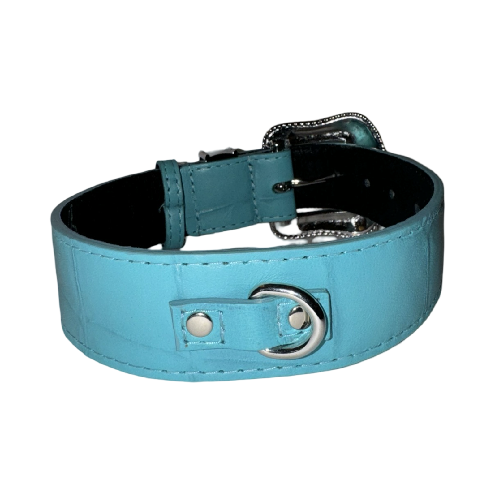 Allysa Payne The Tiffany Collection Turquoise Blue Embossed Croc Italian Leather/Custom Silver Swarovski Crystal Hardware Dog Collar