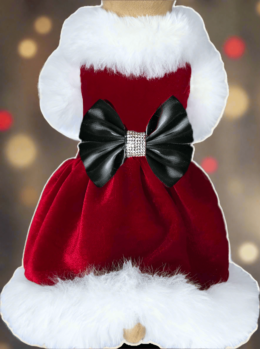 Hello Doggie Santa Baby Faux Fur Satin Crystal Dog Dress