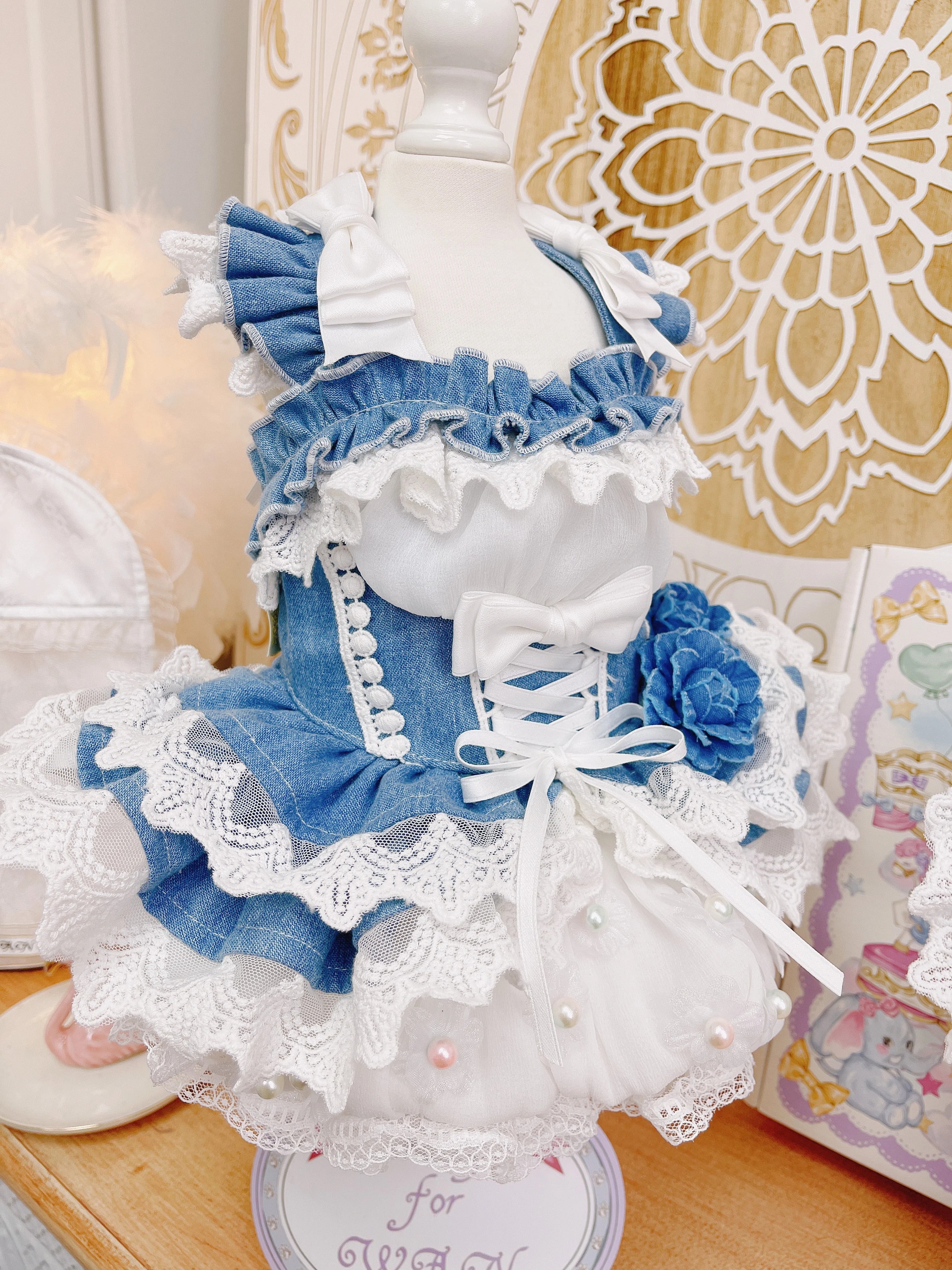 High quality handmade dog dresses denim+hat