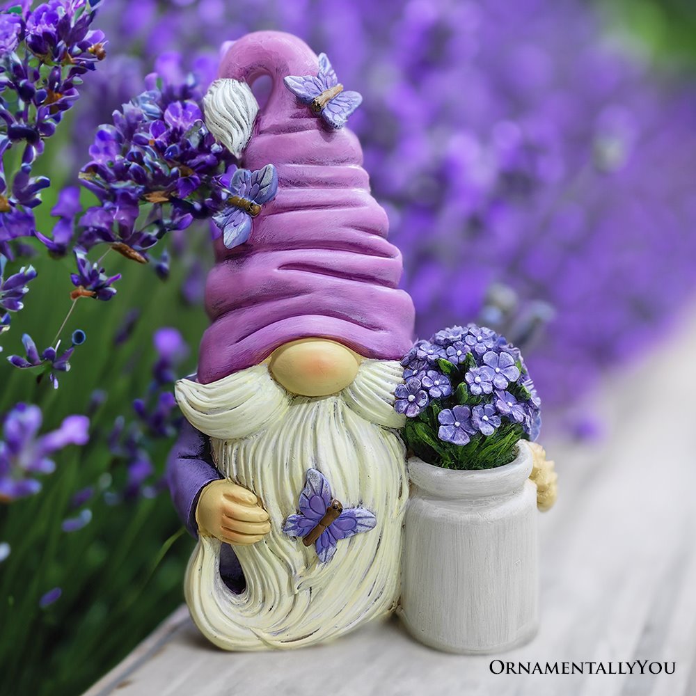 Garden Grace Lavender Gnome Figurine, 10" Purple Home Decor Statue with Butterflies and Flowers