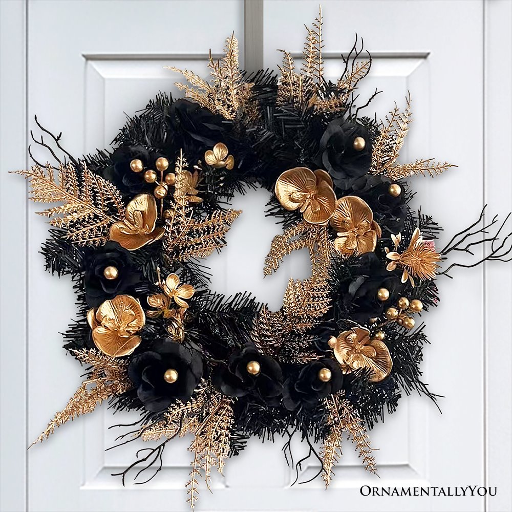 Black and Bronze Elegantly Goth 20" Wreath, Premium Gold Door Decoration with Floral Orchids