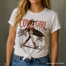 Cowgirl Summer Surf T-Shirt, Retro Western Beach White and Natural Tee for Free-Spirited Women