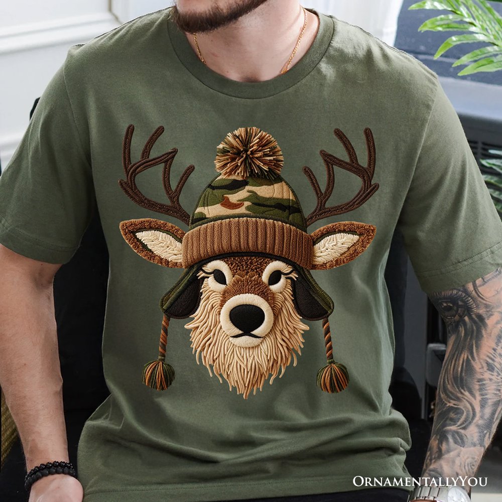Deer Head Camo Hat Christmas T-Shirt, Imitation Latch Hook Yarn Cozy Hunting Season Tee