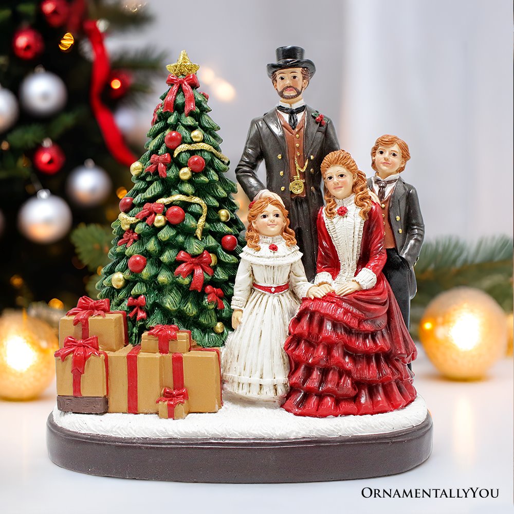 Elegant Victorian Christmas Family Figurine, 8" Vintage Holiday Tabletop Statue and Home Decoration