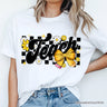 Teach Checkered Coquette Bow T-Shirt, White and Natural Retro Tee for Trendy Teachers