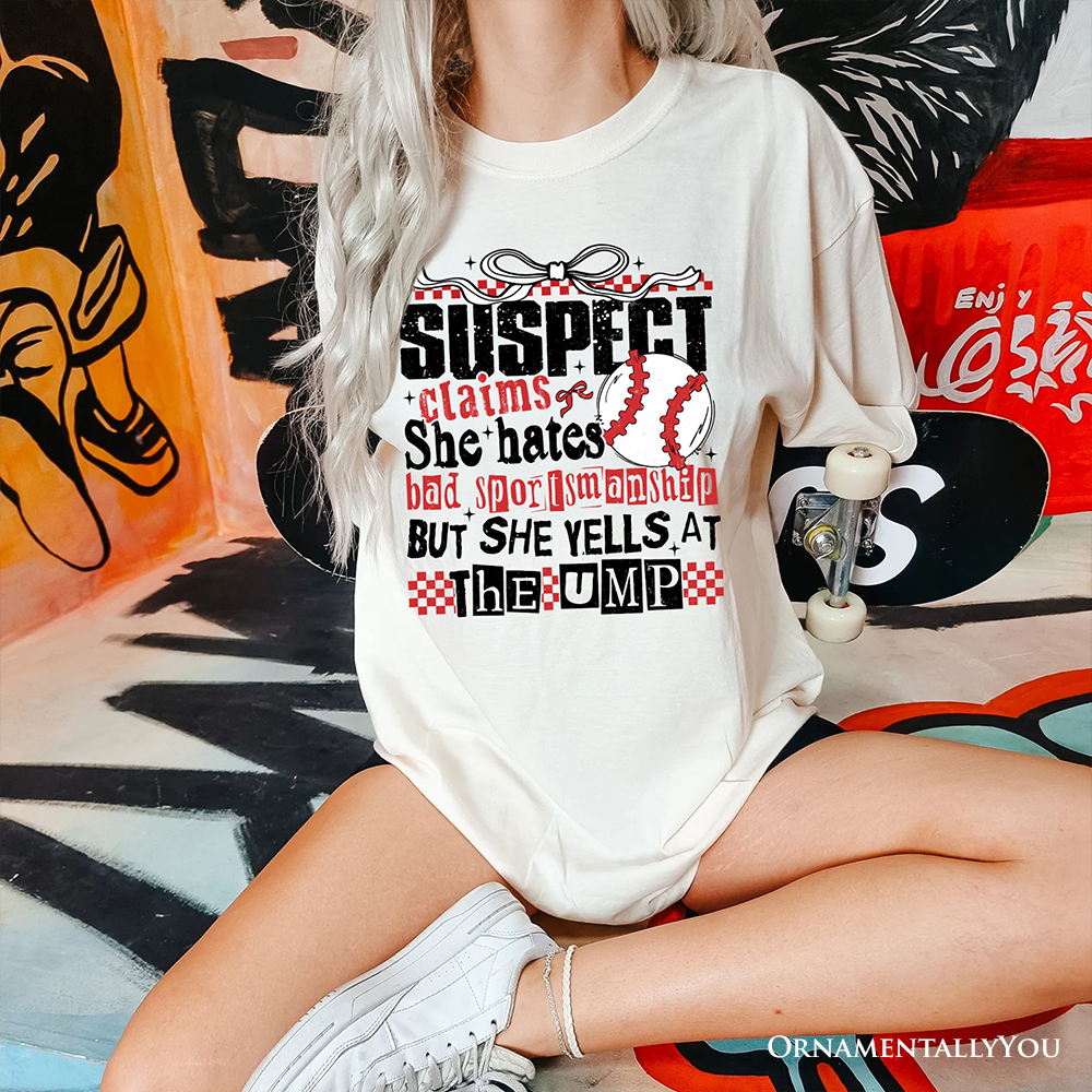 Baseball Suspect Claims Fun T-Shirt, Retro White and Natural Tee With Coquette Bow