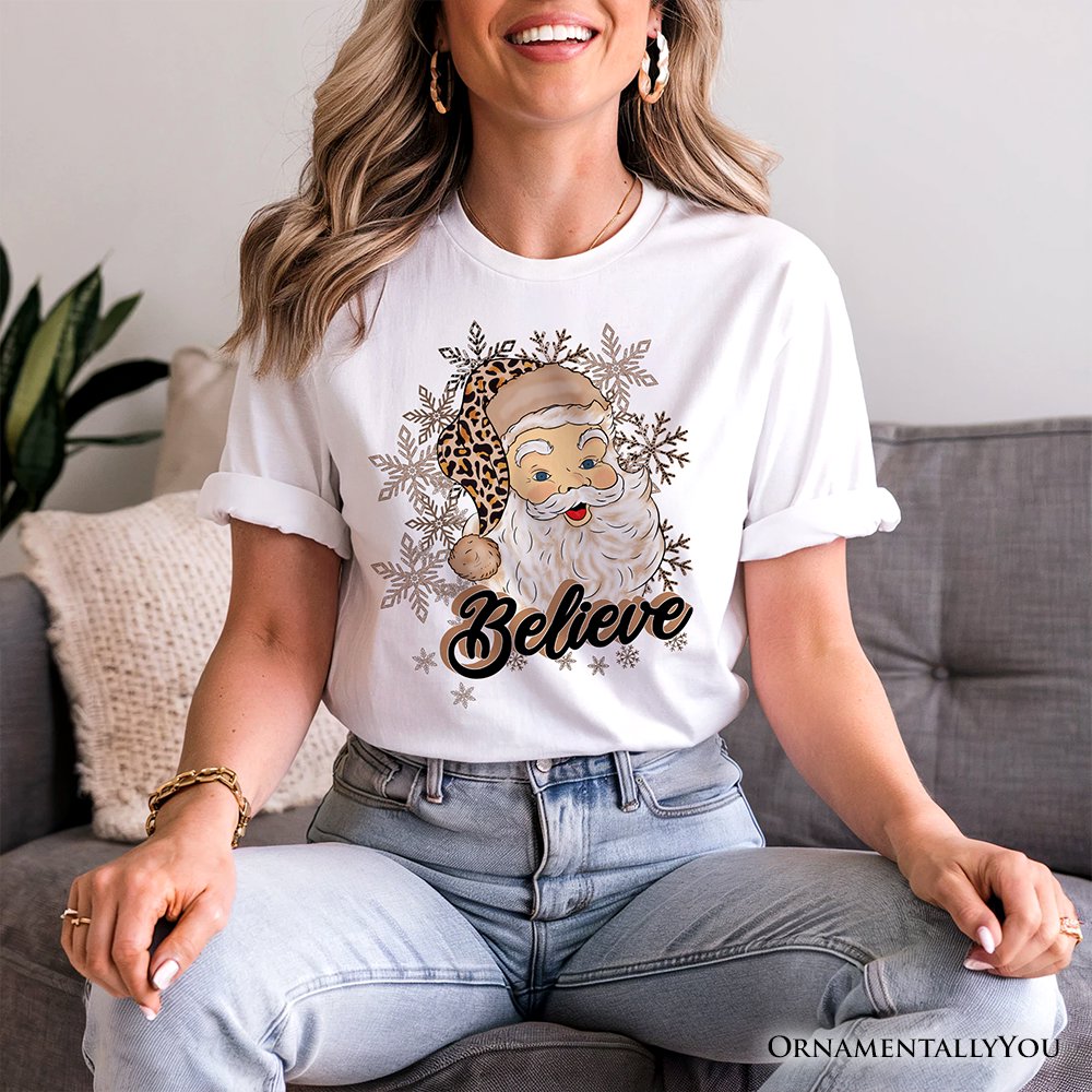 Believe Santa Cheetah Leopard T‑Shirt, Retro Christmas Tee