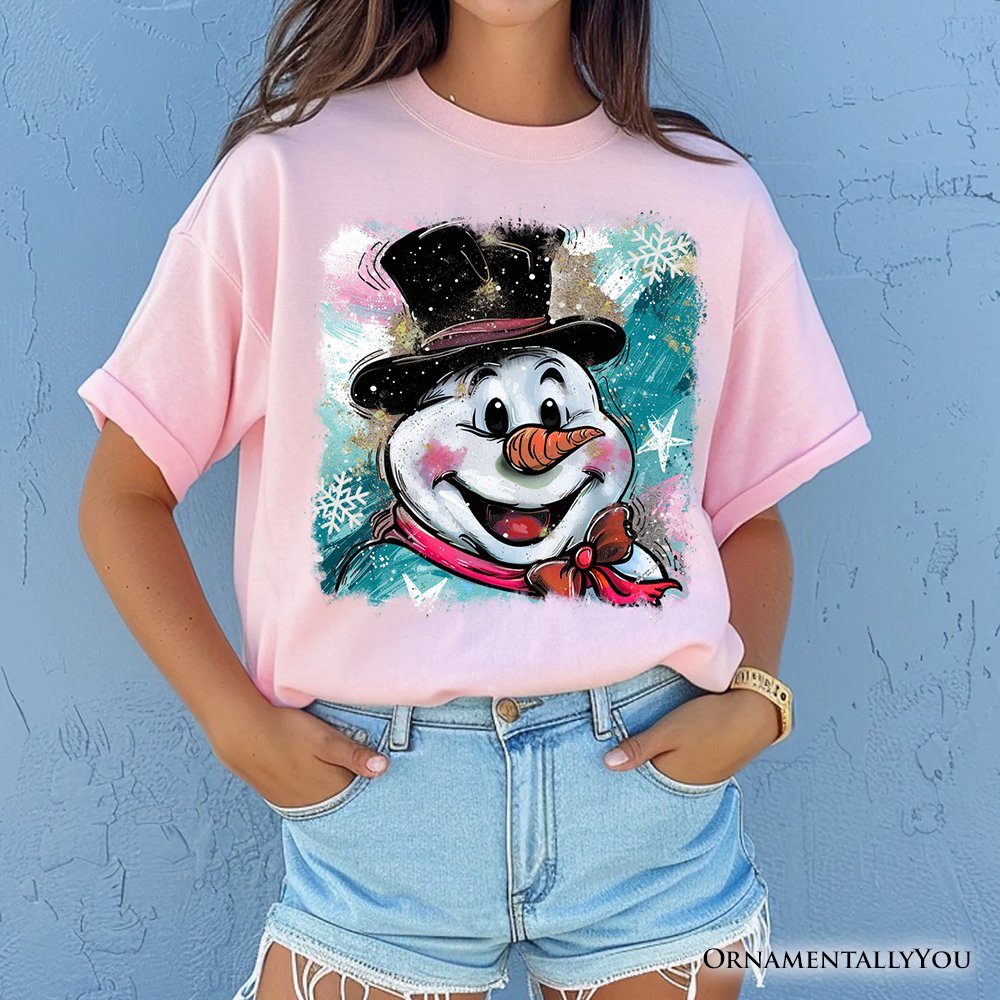Brushstroke Cute Snowman T-Shirt, Preppy Merry Christmas Glitter Holiday Tee