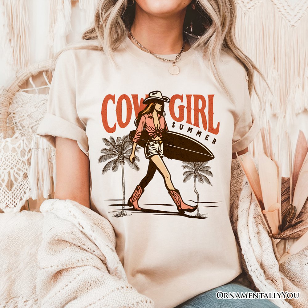 Cowgirl Summer Surf T-Shirt, Retro Western Beach White and Natural Tee for Free-Spirited Women