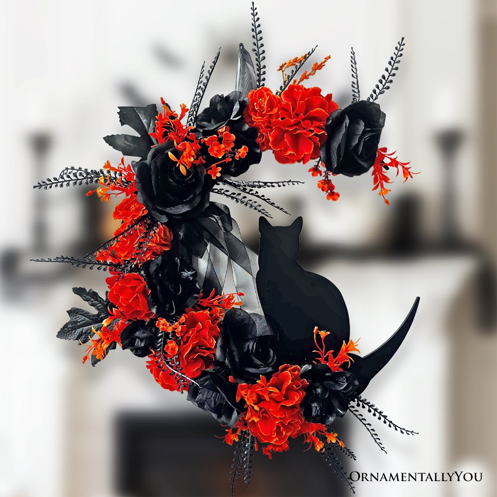 Crescent Moon Floral Black Cat Wreath, 20" Black and Orange Halloween Door Decoration