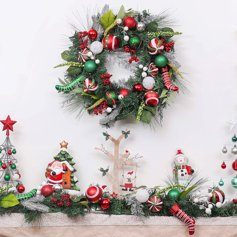 Merry and Bright Bold Christmas Sparkling Wreath, Red and Green Onrament Baubles and Stocking Decor , Holiday Door