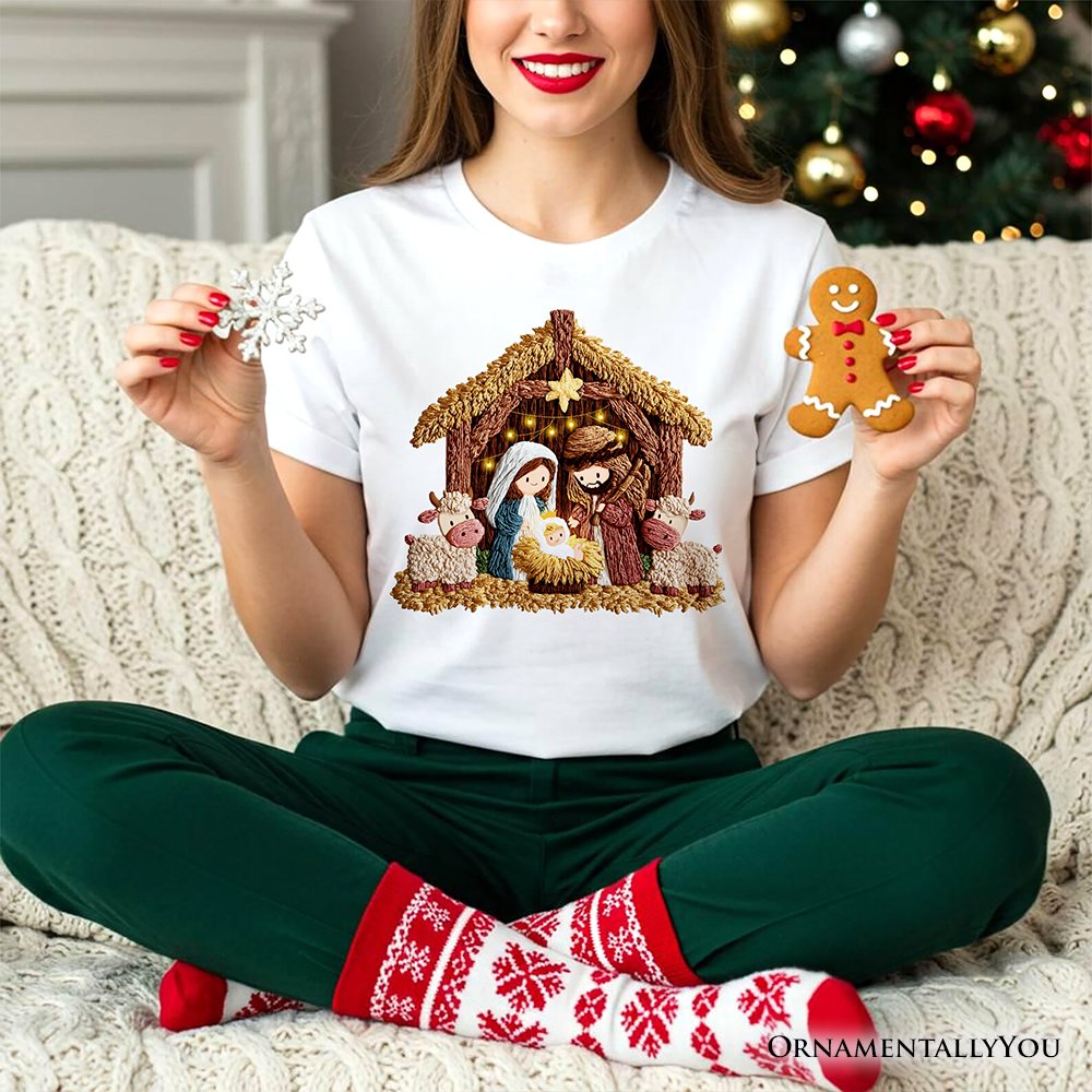 Nativity Holy Family Jesus Christmas T-Shirt, Imitation Latch Hook Yarn Cozy Christian Tee
