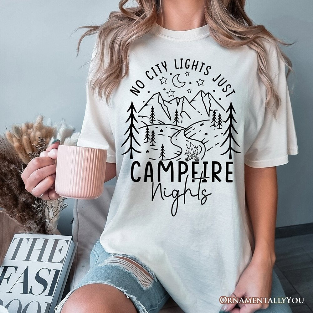 No City Lights Just Campfire Nights T-Shirt, White and Natural Camping Tee for Stargazing Campers