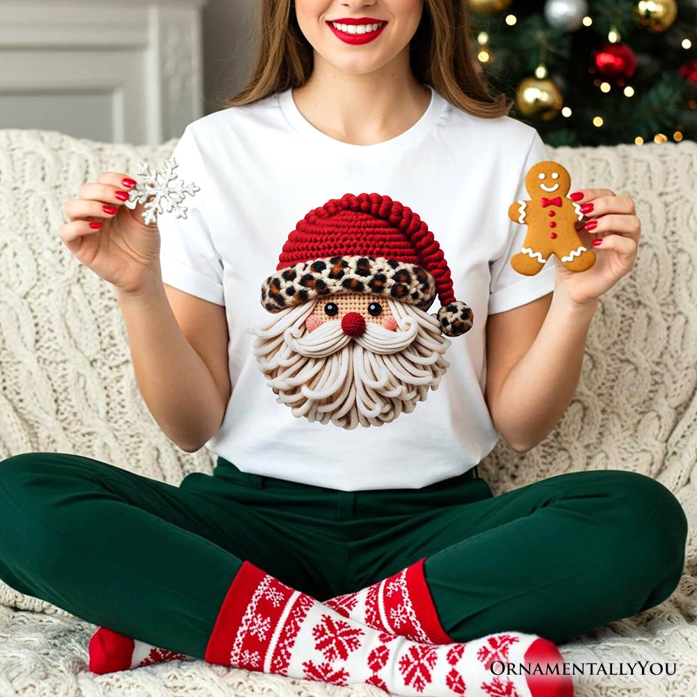 Santa Leopard Hat Christmas T-Shirt, Imitation Latch Hook Yarn Cozy Tee