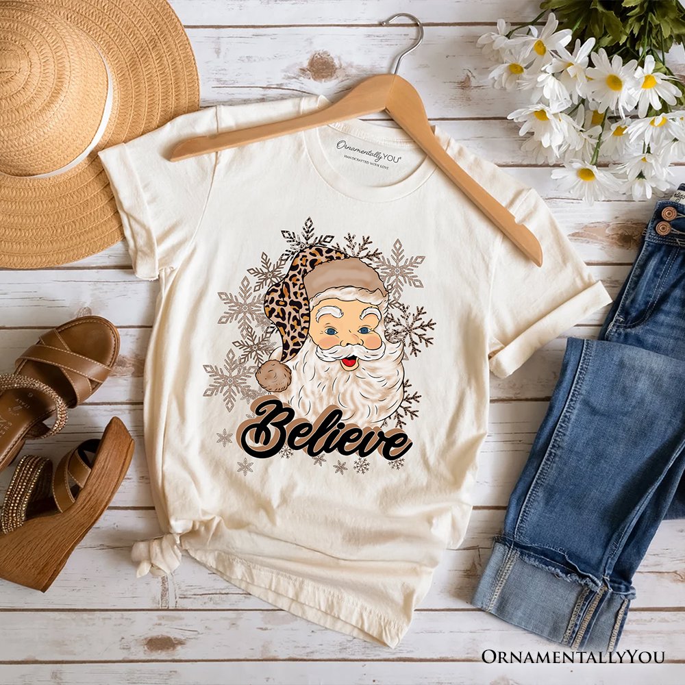 Believe Santa Cheetah Leopard T‑Shirt, Retro Christmas Tee