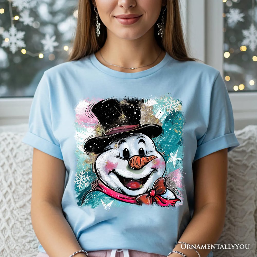 Brushstroke Cute Snowman T-Shirt, Preppy Merry Christmas Glitter Holiday Tee