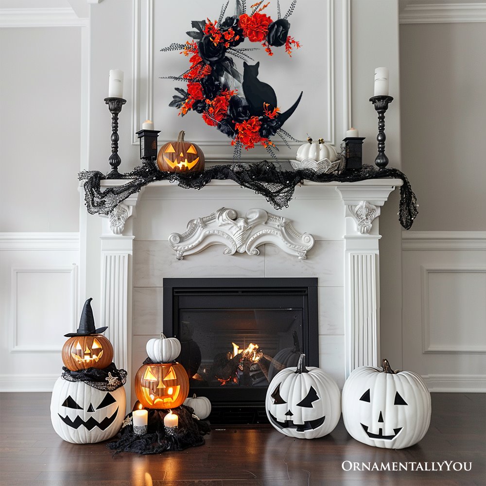 Crescent Moon Floral Black Cat Wreath, 20" Black and Orange Halloween Door Decoration