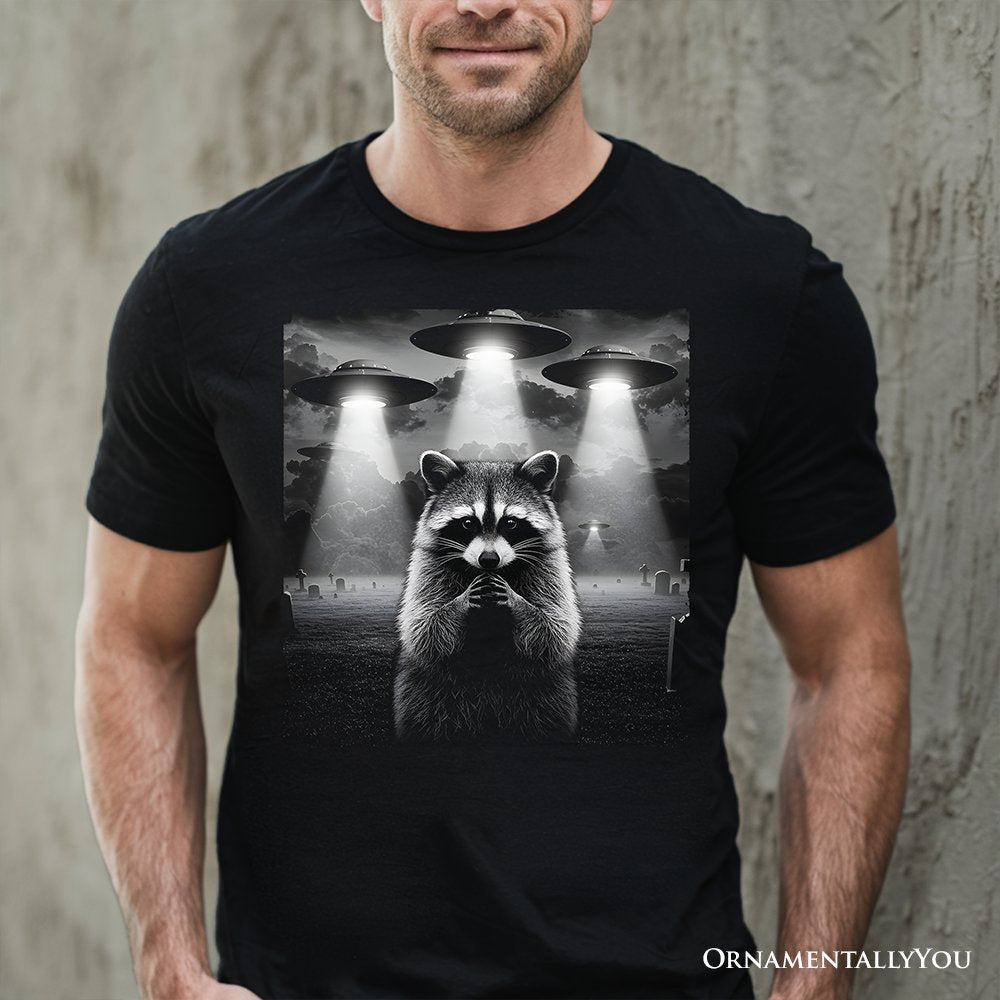 Funny Raccoon UFO T-Shirt, Unisex Black Tee for Space Lover